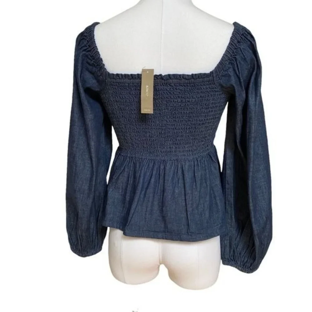 J. Crew Puff Sleeve Chambray Smocked Top in Birch Wash NWT